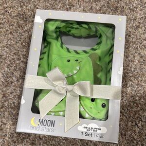 Moon and Stars Green Dinosaur Bib & Slipper Set